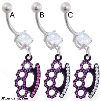 Belly ring with dangling black coated jeweled knuckles, belly buttons piercing, gold belly button ring, how can change my belly button ring, 16 gauge navel rings, remote vibrating penis rings