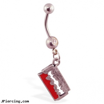 Belly Ring with Dangling Bloody Razor Blade, piercing belly, penis belly ring, tools for belly piercing, jeweled navel slave rings, tongue ring for oral