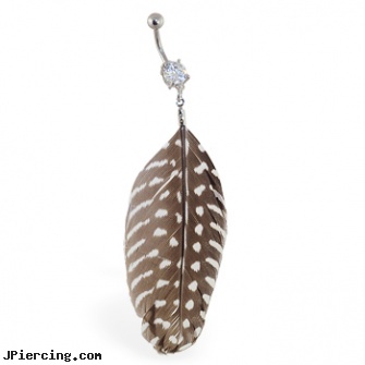 Belly ring with dangling brown and white spotted feather, how to switch your belly button ring, fake belly rings, 16 gauge belly button ring, jewelry rings, dangling belly button rings