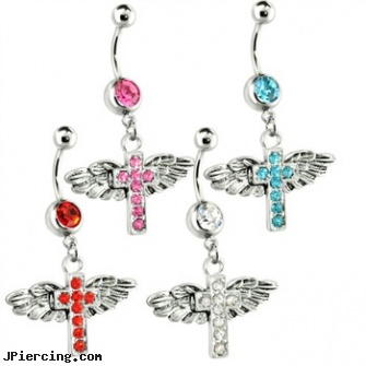 Belly Ring with Dangling Cross with Wings, belly button jewelry birthstone, gold pierced belly button jewelry, belly button piercings health, 20 gauge nose rings, anal cock ring