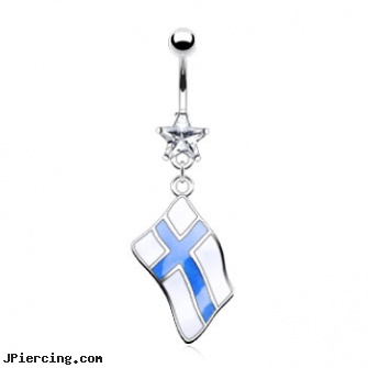Belly ring with dangling Finland flag, buy belly button jewelery, non allergenic belly rings to pierce with, 14 karet 16 gauge belly button rings, clit ring pics, gold navel rings
