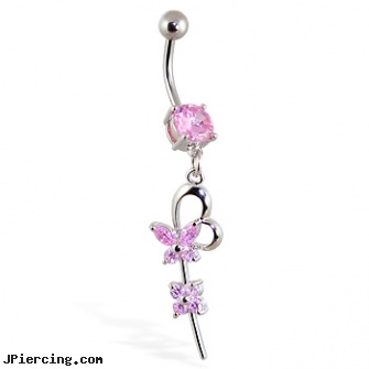 Belly Ring with Dangling Flower Heart and Butterfly, nude girls with belly button rings, 12 gauge belly rings, stories about belly rings, dangling belly button rings, dangling eyebrow jewery