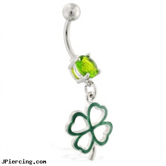 Belly ring with dangling four leaf clover, belly piercing aftercare, belly button piercing photo, playboy bunny belly button rings, gold tongue rings, ring