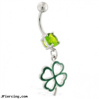 Belly ring with dangling four leaf clover, belly piercing aftercare, belly button piercing photo, playboy bunny belly button rings, gold tongue rings, ring