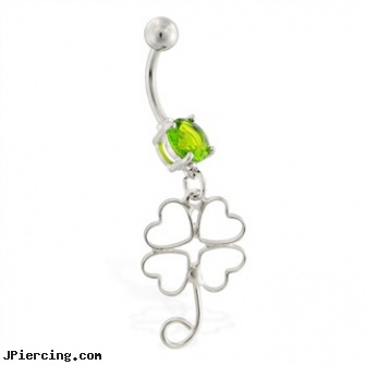 Belly ring with dangling four leaf clover outline, playboy belly rings, punk belly rings funny, betty boop belly ring, nipple rings barbells, dangling heart belly button ring
