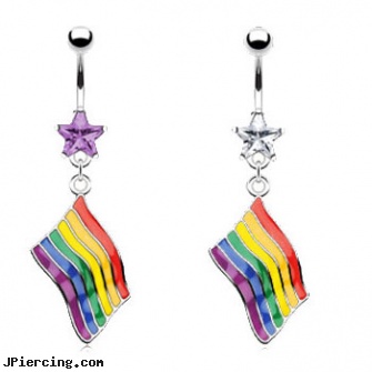 Belly ring with dangling gay pride rainbow flag, penis belly ring, cartoon character belly rings, belly botton peircing kits, navel ring pic, dick rings
