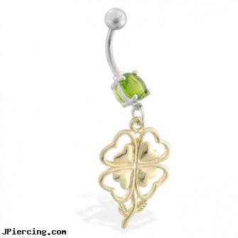 Belly ring with dangling gold colored four leaf heart clover flower, belly button pictures, design your own belly ring, belly piercing tools, flag tongue rings, tongue ring pics