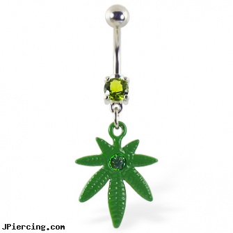 Belly ring with dangling green pot leaf with gem, belly button rings, bannana belly ring discount gold, about belly button piercing, alchemy cock ring, ladybug navel ring