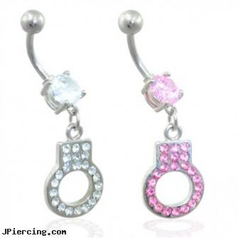 Belly ring with dangling handcuff, piercing belly button, niobium belly ring, double gem belly button rings, jewelry pierced ear earrings, unique eyebrow rings