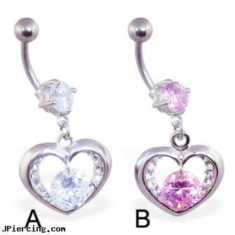 Belly ring with dangling heart and gem, changing belly button piercing, infected belly button piercing, cross belly button rings, tongue ring information, real diamond navel rings