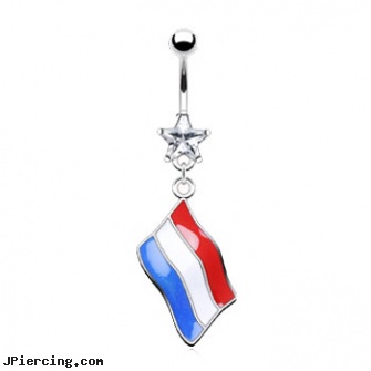 Belly ring with dangling Holland flag, changing belly button piercing, baseball belly button rings, belly peircing, what kind of ear ring for first piercing, downsides of lip rings