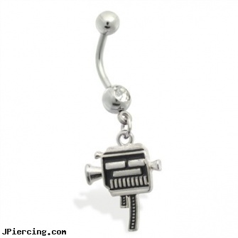Belly Ring with dangling hollywood camera, belly ring care, indecent belly button rings, bannana belly ring discount gold, what do guys think about tongue rings, titanium eyebrow ring