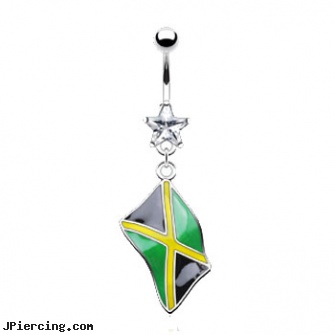 Belly ring with dangling Jamaican flag, pretty belly rings, horseshoe belly button rings, discount belly rings, pussy ring, changing navel ring