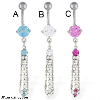 Belly ring with dangling jeweled chain and square, belly piercing rings, belly button peircings, belly button ring catalog, pink nipple rings, nose rings from india