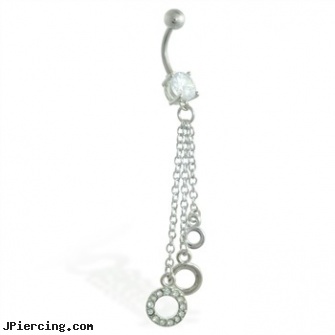 Belly Ring with Dangling Jeweled Circles On Chains, will piercing my belly button hurt, bellybutton piercing information, 16 gauge belly button ring, vibrating penis ring, multiple body piercings and hiring