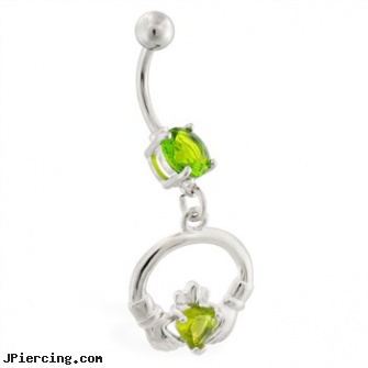 Belly ring with dangling jeweled claddagh, cheapest belly ring shields, belly ring manufactuer, non piercing belly button rings, how to change nipple rings, dangling eyebrow jewery