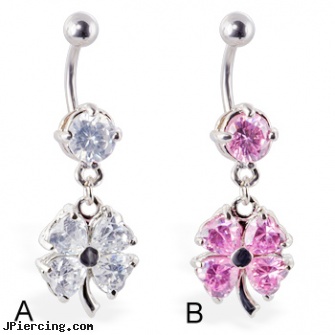 Belly ring with dangling jeweled clover, gold belly button rings, im skinny with belly ring pic, gold cz belly button rings, lady bug navel rings, what kind of ear ring for first piercing