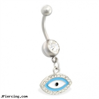 Belly ring with dangling jeweled eyeball, shop belly button rings, white gold belly button rings, belly button polyhedren ring, dice tongue rings, 14 karet gold navel rings