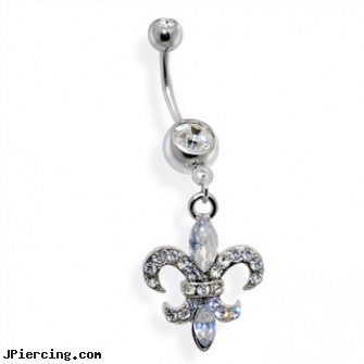 Belly ring with dangling jeweled fleur-de-lis, gold belly jewelery, ebay belly rings redskins, belly button piercing and intestine injuries, tongue ring oral sex, jeweled navel slave rings