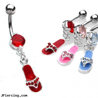 Belly ring with dangling jeweled flip flop, belly piercing jewelry, new belly button rings, how much does belly button piercing cost, jewelry findings ear rings, cock rings canada