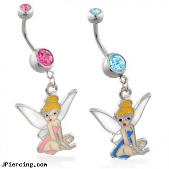 Belly ring with dangling light blue tinkerbell, belly button barbells, 12 gauge belly rings, cheap belly button jewelry, tounge ring, cock ring stories