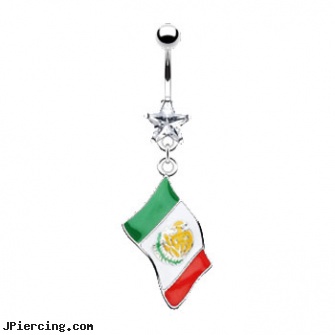 Belly Ring With Dangling Mexican Flag, temp belly rings, home belly button piercing, information on belly button piercings, tree navel ring, 16 gauge navel ring