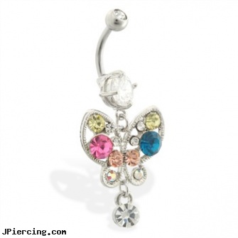 Belly ring with dangling multi-colored jeweled butterfly, teen belly rings sexy tits, jewelry display case navel belly ring rings, fake belly rings, dangling body jewelry, dangling heart belly button ring