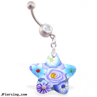 Belly ring with dangling murano style rubber jeweled star, cleaning care of belly button piercing, fake belly button rings, hatchetman belly ring, cock rings canada, can be fired for having tongue ring