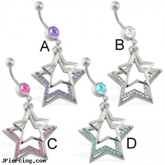 Belly ring with dangling plain and jeweled stars, belly botton piercing costs, belly piercing kit, belly ring shield, cock enhancer ring, seamless lip rings