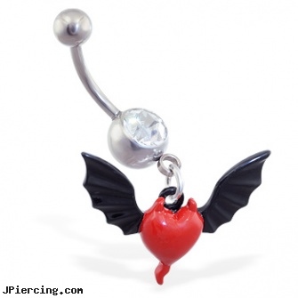 Belly ring with dangling red devil heart and wings, square gemstone belly jewelry, gold belly button ring, flashing belly ring, seamless lip rings, bell button rings