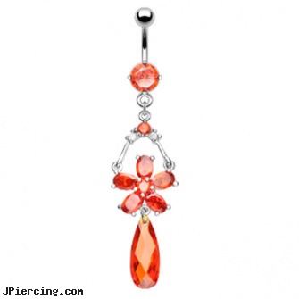 Belly ring with dangling red jeweled flower and teardrop stone, bannana belly ring discount gold, navel belly rings, belly button peircings, 16g nipple ring, dangling eyebrow jewery