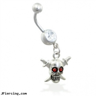 Belly Ring with Dangling Skull And Swords, how to change belly button ring, scorpion belly button ring, alphabet belly button jewelry, silver nipple rings, indian nose rings and earrings