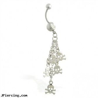 Belly ring with dangling skulls on chains, belly botton piercing, how do you pierce your belly button?, pig belly button ring, rubberban for cock ring, tia cameron nipple ring