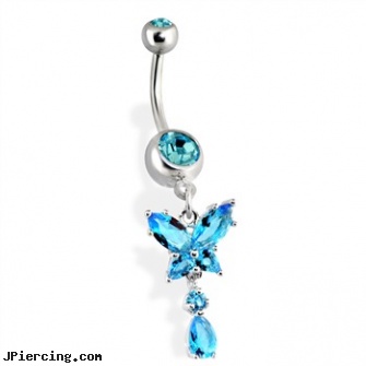 Belly Ring with Dangling Teardrop Gems and Butterfly, information on belly button piercings, union jack belly button rings, how do you pierce your belly button?, tongue ring whistle, nose and ear chain rings