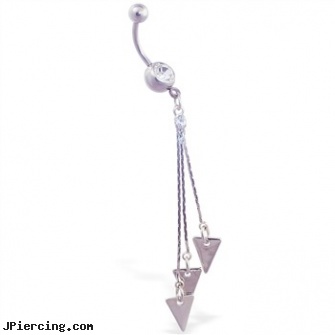 Belly ring with dangling triangles on chains, lady bug belly ring, belly button piercings information, animal belly button rings, clit ring pictures, nipple rings body jewlery