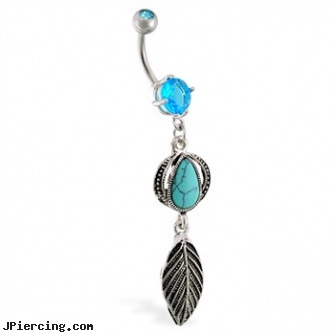 Belly ring with dangling turquoise stone and feather, 14k gold plated belly button navel ring, scorpion belly ring, body jewelry superman belly button ring navel, nipple hardning rings, pussy rings
