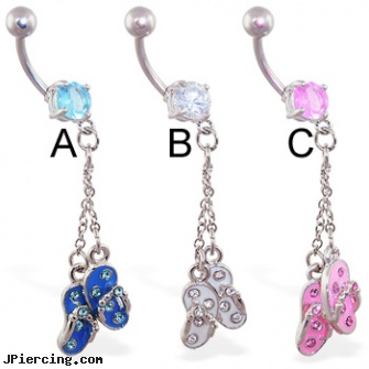Belly ring with flipflop and chain dangle, cartoon belly button rings, belly ring info, belly button ring gold reverse, hanging by chains from nipple rings, nipple jewelry chains pictures non piercing