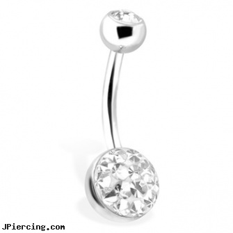 Belly Ring With Gem Paved Bottom Dome Ball And Gem Set Top Ball, 14 GA, belly shields, gold mermaid belly rings, belly button tattoos, nipple rings side effects, wholesale ball tounge rings