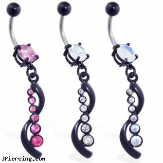 Belly ring with jeweled black coated dangle, how much does it cost to get belly piercing, wholesale belly rings, diamond belly button rings, custome made tongue rings, double braided nipple ring