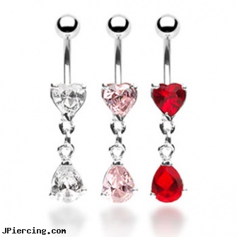 Belly ring with jeweled heart and dangling jeweled teardrop, jewelry belly chain, starter belly rings, rose belly jewelry, nipple rings jewelry, cartilage earrings