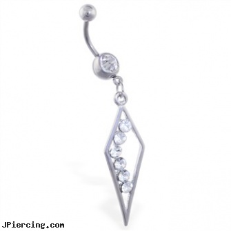 Belly ring with jeweled triangle dangle, letter belly button rings, 14 kt gold belly ring, belly piercing aftercare, cock rings information, non piercing nipple rings