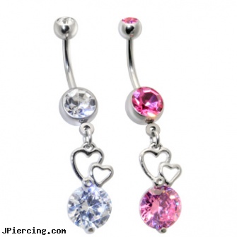 Belly Ring with Large CZ and Floating Hearts Dangle, belly jewery, belly button ring holders, cheap belly button jewelry, nose rings for sale, penis soft jelly rings