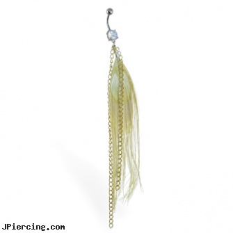 Belly ring with large dangling golden feather with golden chains, phillips screw belly button ring, horseshoe belly button rings, belly peircing, do cock rings work, nipple ring infections