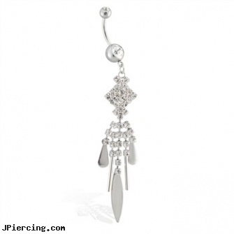 Belly ring with long jeweled dangling geometric chandelier, new belly ring, eeyore belly rings, poker belly button ring, flag tongue rings, nose ring pictures
