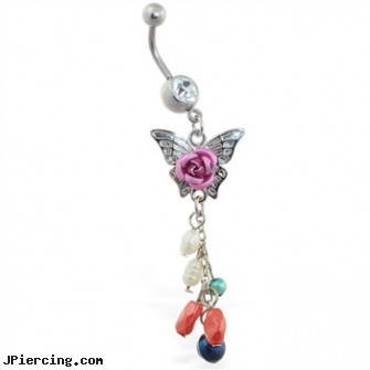 Belly ring with multi-color rose butterfly dangle, gothic belly jewelry, belly-button peircings, superman belly rings, key ring penis plastic, non-piercing tongue ring