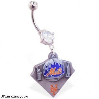 Belly Ring with official licensed MLB charm, New York Metts, gold belly button ring, belly rings gold, belly butten rings, rings, bear nipple ring
