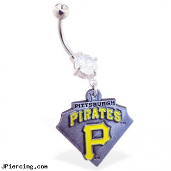 Belly Ring with official licensed MLB charm, Pittsburgh Pirates, wholesale belly ring, non piercing belly button rings, piercing belly buttons, eyebrow ring frequently asked questions, sonic tongue rings