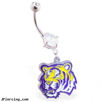 Belly Ring with official licensed NCAA charm, Louisiana State University Tigers, gold belly button rings on discount, where can get belly ring, how to change belly button ring, can look at body rings, nose navel tongue rings official playboy
