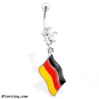 Belly Ring with Star Shaped Bottom Gem And Dangling German Flag, will belly button piercing close up after year, non pierced belly button jewelry, customized belly rings, courtney pelton nipple ring say it isnt so, nose ring retainer