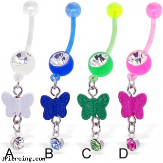 Bioplast belly button ring with dangling butterfly and gem, picture inlay belly button rings with swastika logo, uk wildcats belly button ring, hello kitty belly rings, skull belly button ring, nose ring and 14 kt